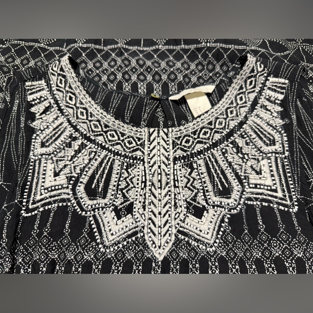 H&M Black White Beaded Top Boho Print Maxi Dress Sz 8 Summer Vacation Resort - Picture 3 of 11